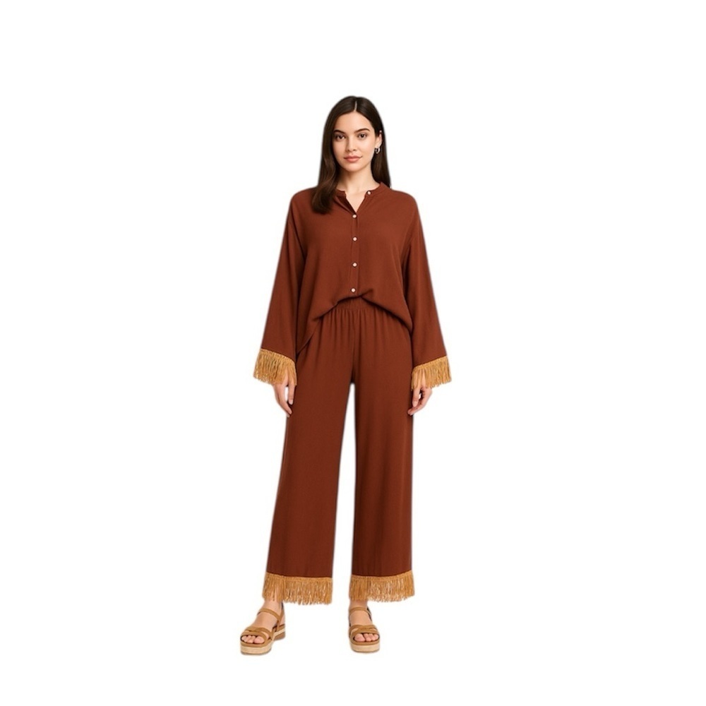 NWT WeWoreWhat Fringe Button-Up and Smocked Pants Set in Saddle Suede, Size XS